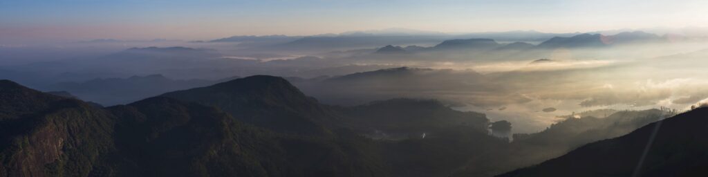 Adams Peak (Sri Pada) at sunrise, view from the summit in the Central Highlands of Sri Lanka, Asia